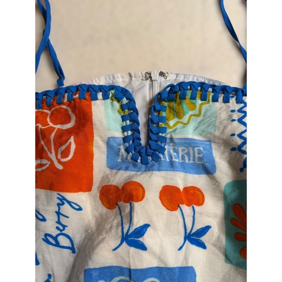 Day + Moon Women Small Blue Multi Stamp Fruit Print Mini Dress Whipstitch Trim - Picture 4 of 9